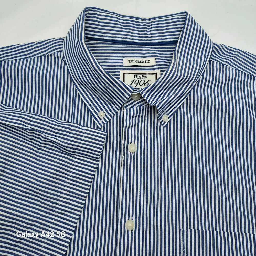 JOS‎ A BANK 1905 Tailored Fit Striped Short Sleeve Button Up Blue Shirt XL